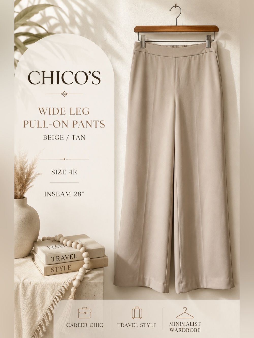 Chico’s Wide Leg Pull-On Pants Beige Tan US 4R